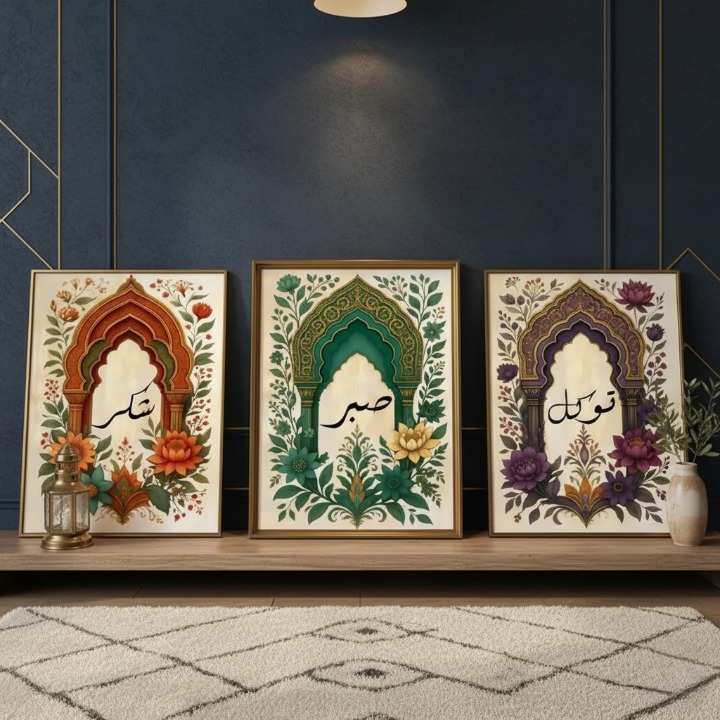 Tawakkul | Sabar | Shukar Wooden Sticky Wall Art – 3 Piece Islamic Motivational Frame Set, 8x11 inch