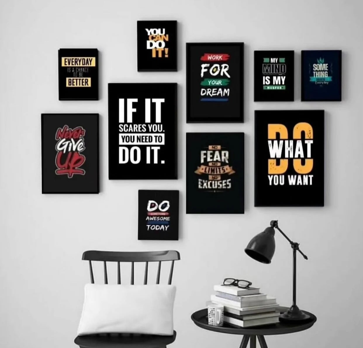 Modern 10-Piece Yellow & Black Motivational Wall Art Set wooden sticky phototile frames