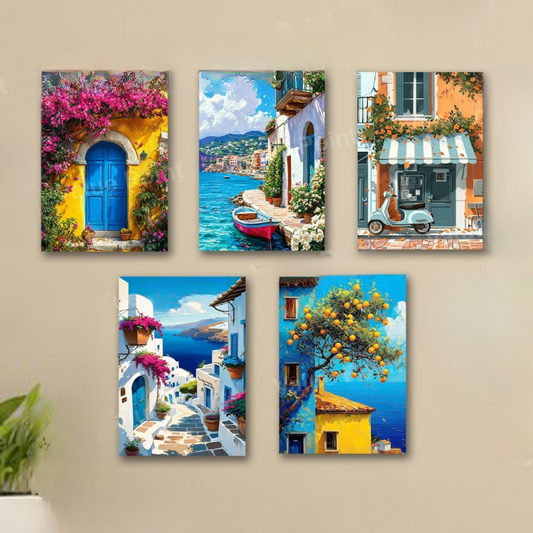 Set of 5 italian mediterranean vintage homes aesthetic art